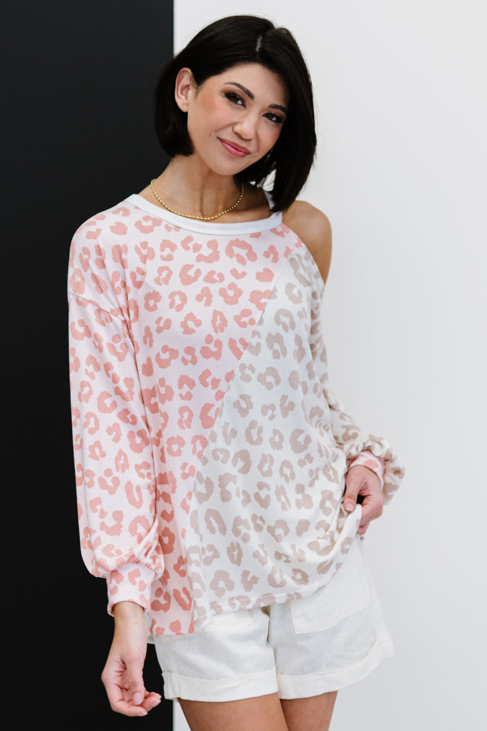 BiBi Just Wanna Have Fun Printed French Terry Top in Blush/Oatmeal