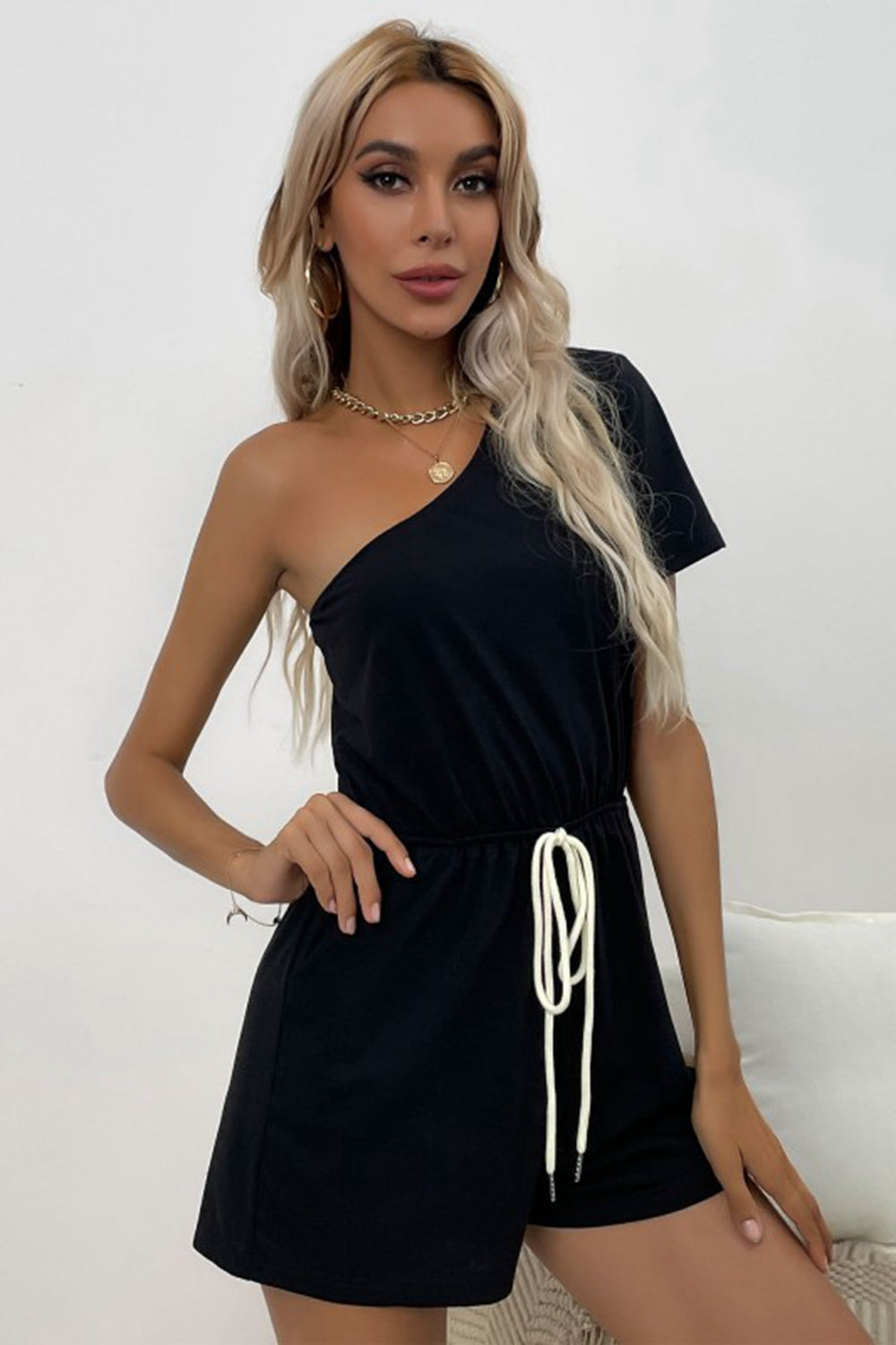 One-Shoulder Drawstring Romper