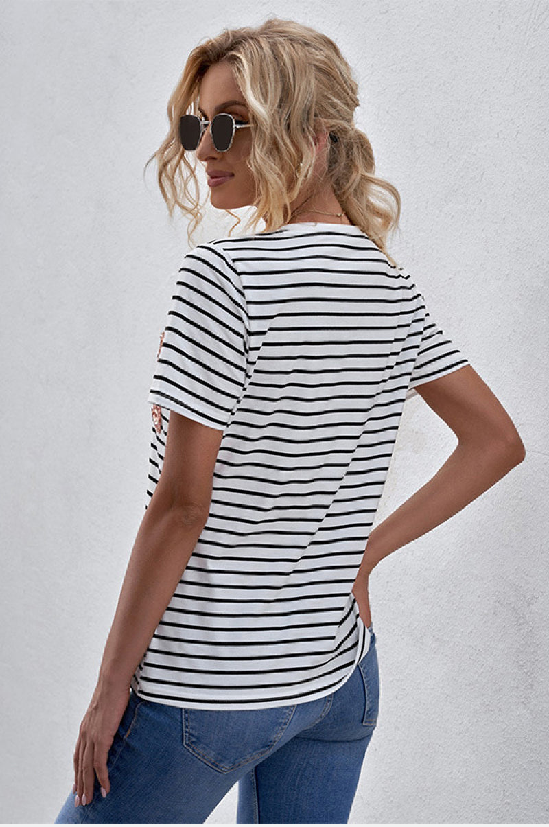 Sequin Pocket V-Neck Striped Tee