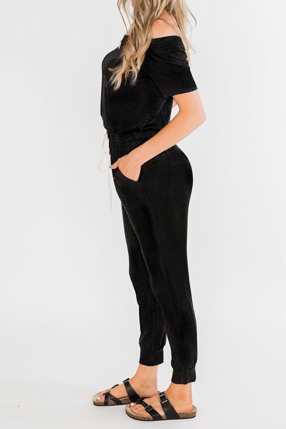 Off shoulder Drawstrings Cropped Leg Jumpsuit