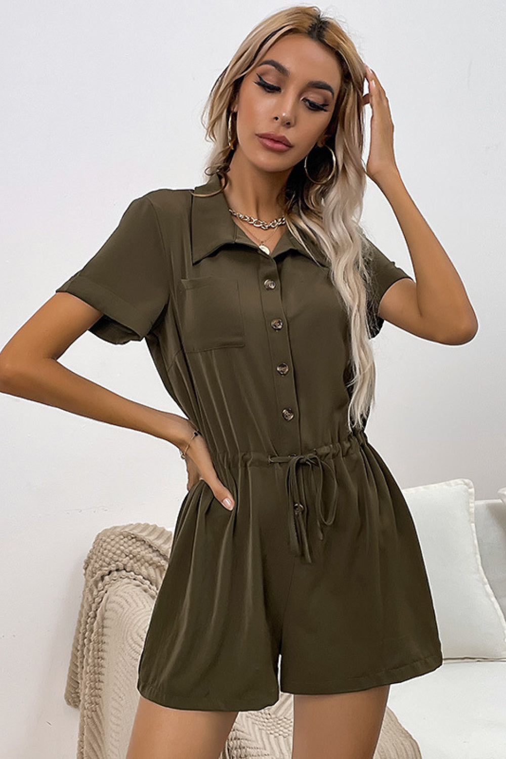 Tie Waist Button Down Collared Romper