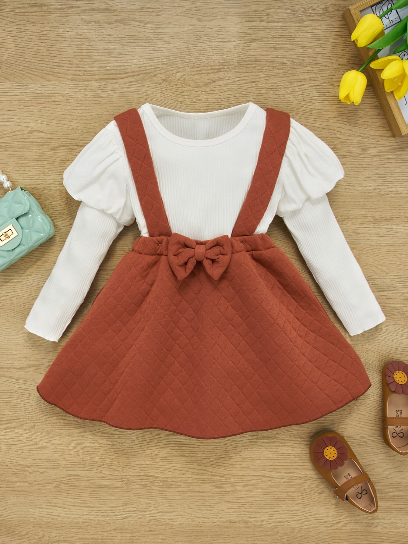 Girls Two-Tone Ribbed Top and Bow Pinafore Skirt Set