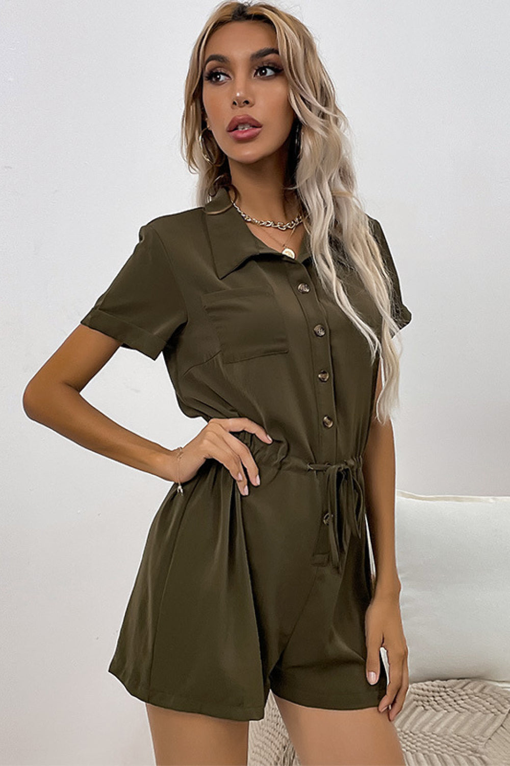 Tie Waist Button Down Collared Romper