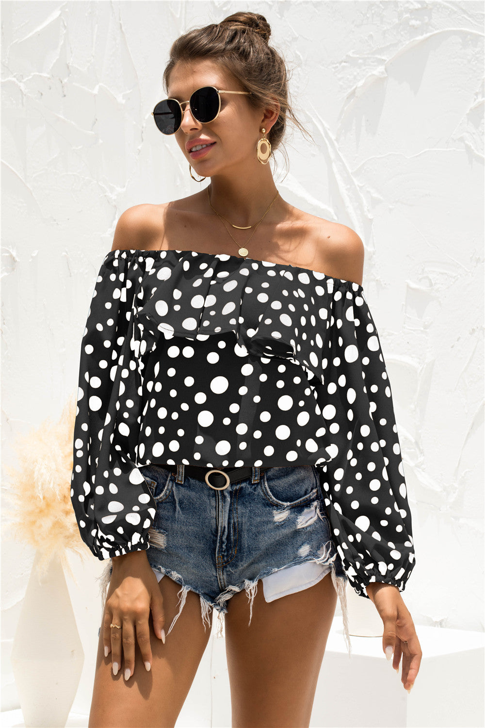 Cold Shoulder Ruffle Detail Polka Dot Blouse