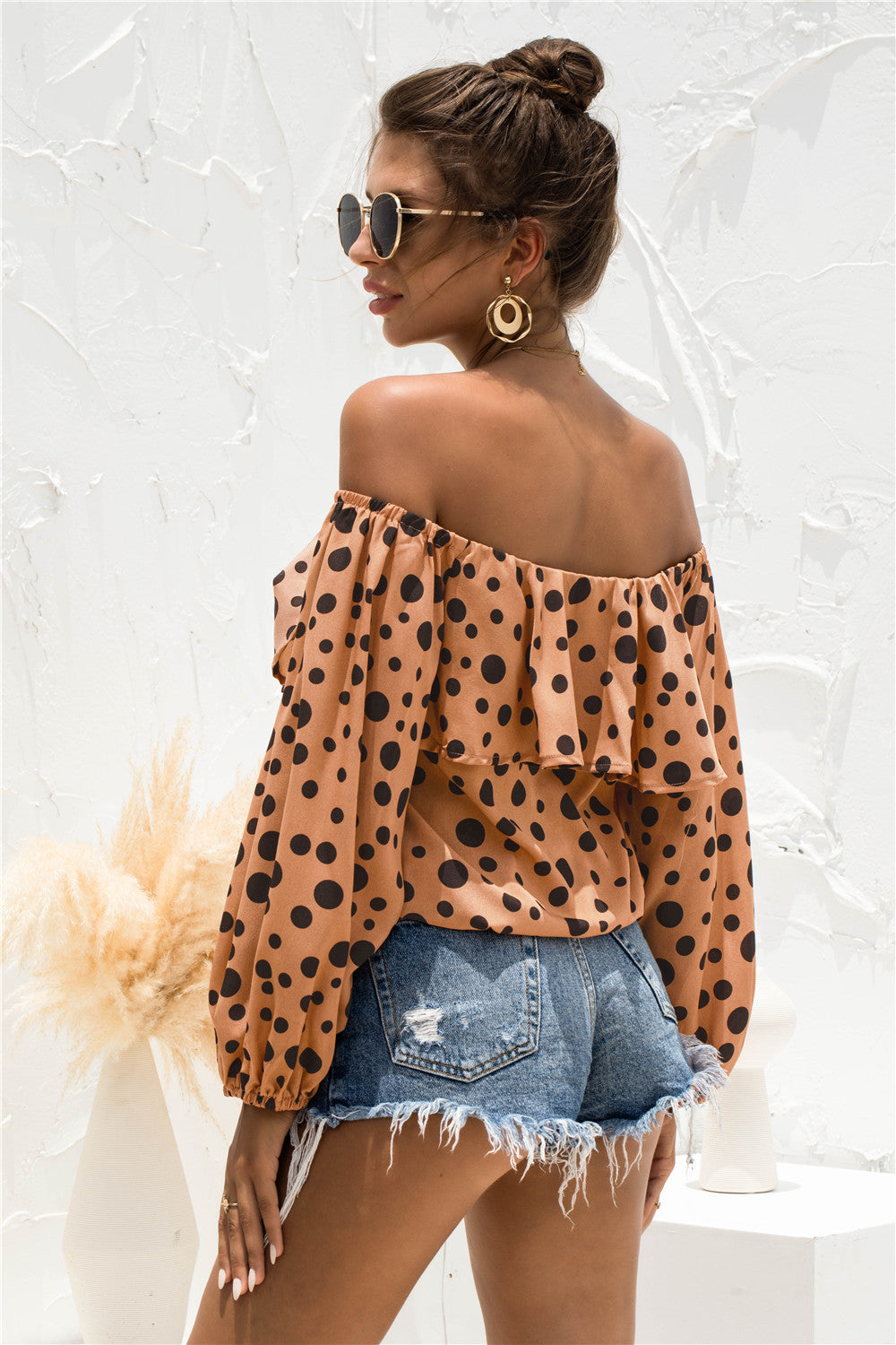 Cold Shoulder Ruffle Detail Polka Dot Blouse