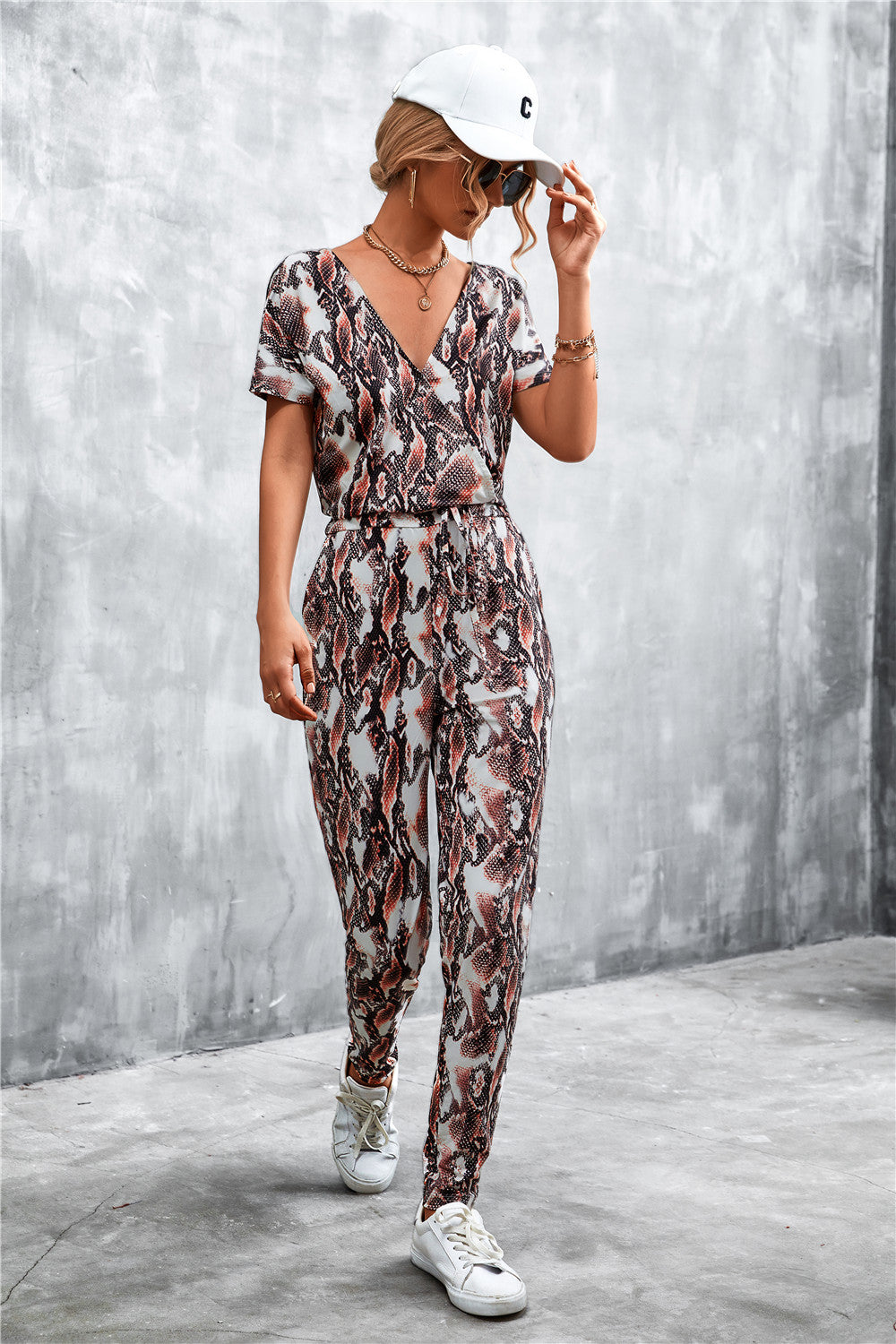 Animal Print V-Neck Jumpsuit with Pockets