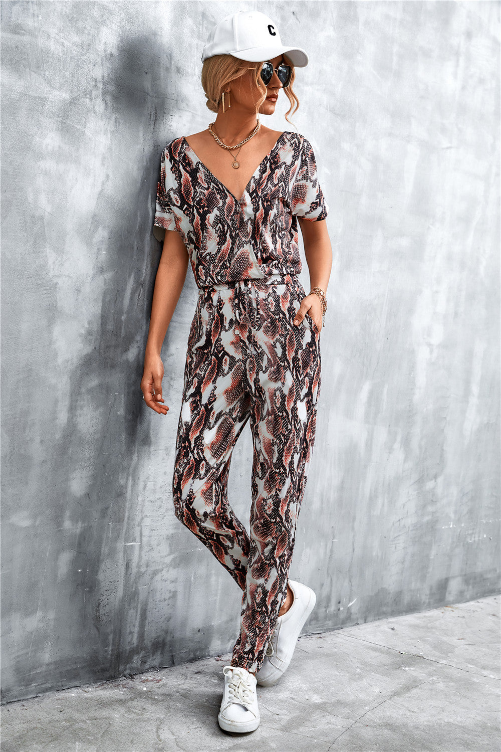 Animal Print V-Neck Jumpsuit with Pockets