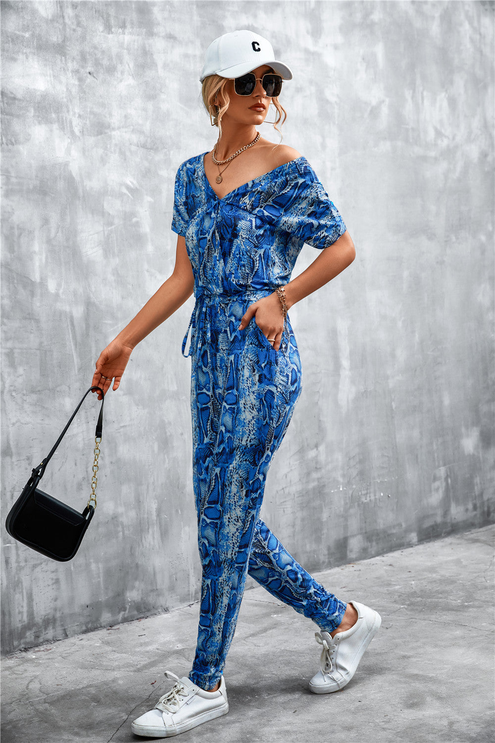 Animal Print V-Neck Jumpsuit with Pockets