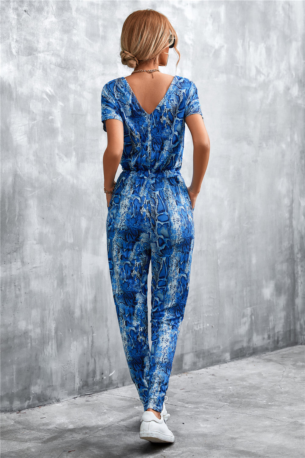 Animal Print V-Neck Jumpsuit with Pockets