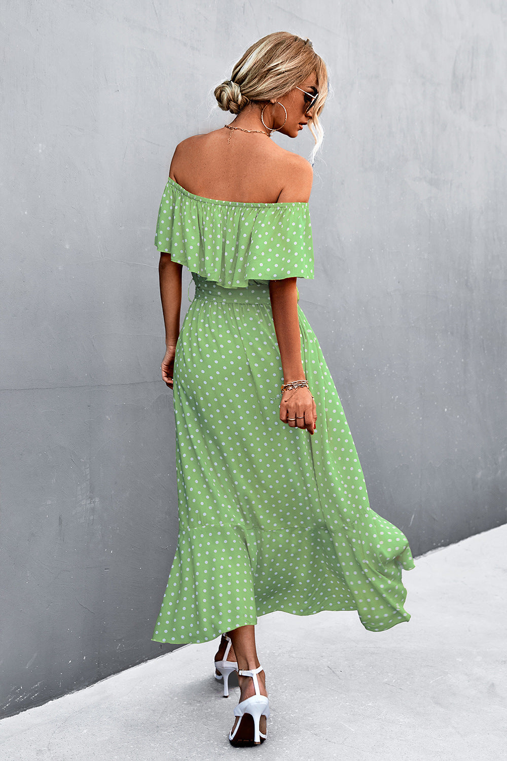 green polka dot off shoulder dress Lily Green Polka Dot Off Shoulder Dress
