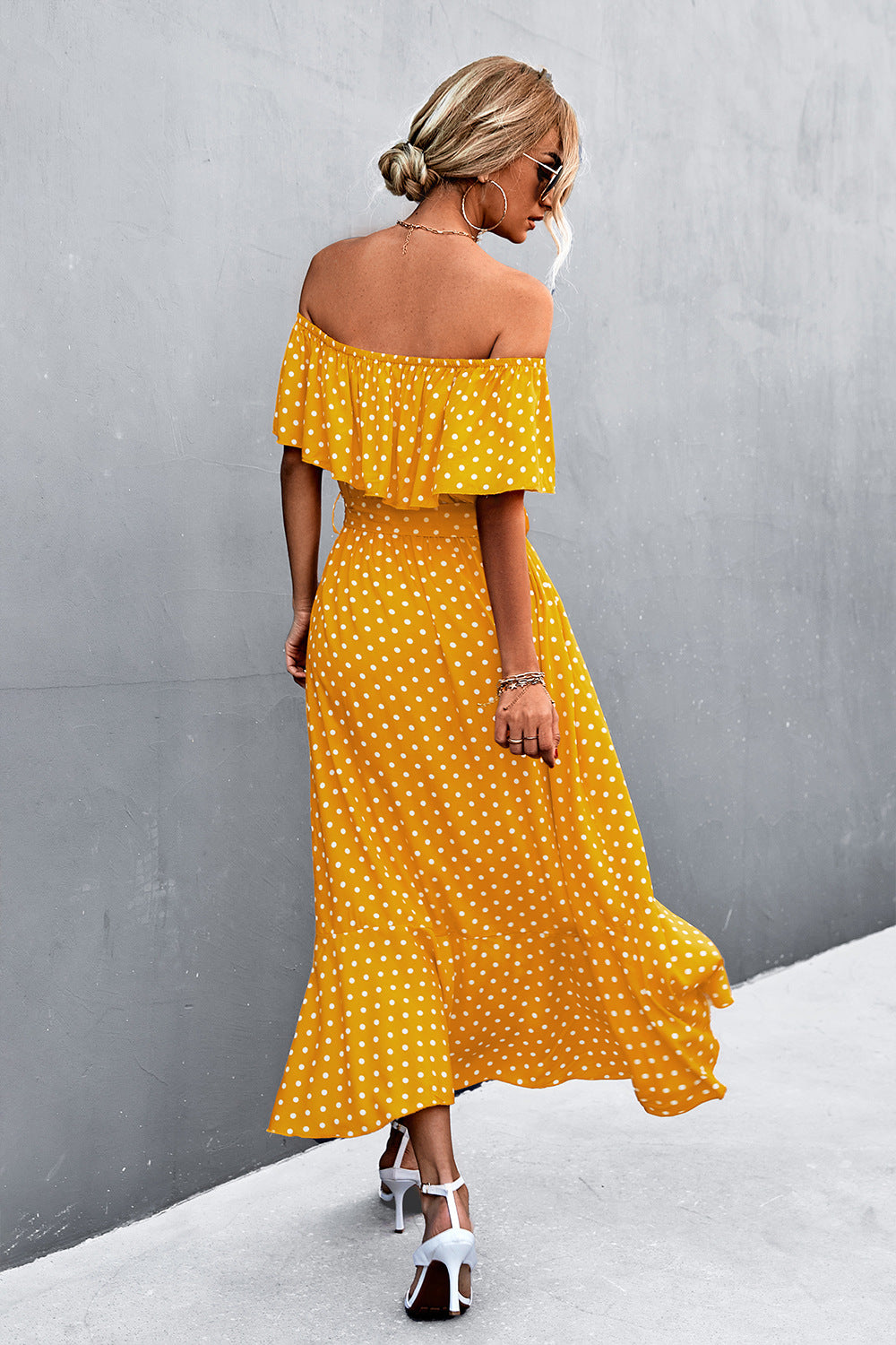 Polka Dot Layered Off-Shoulder Belted Dress