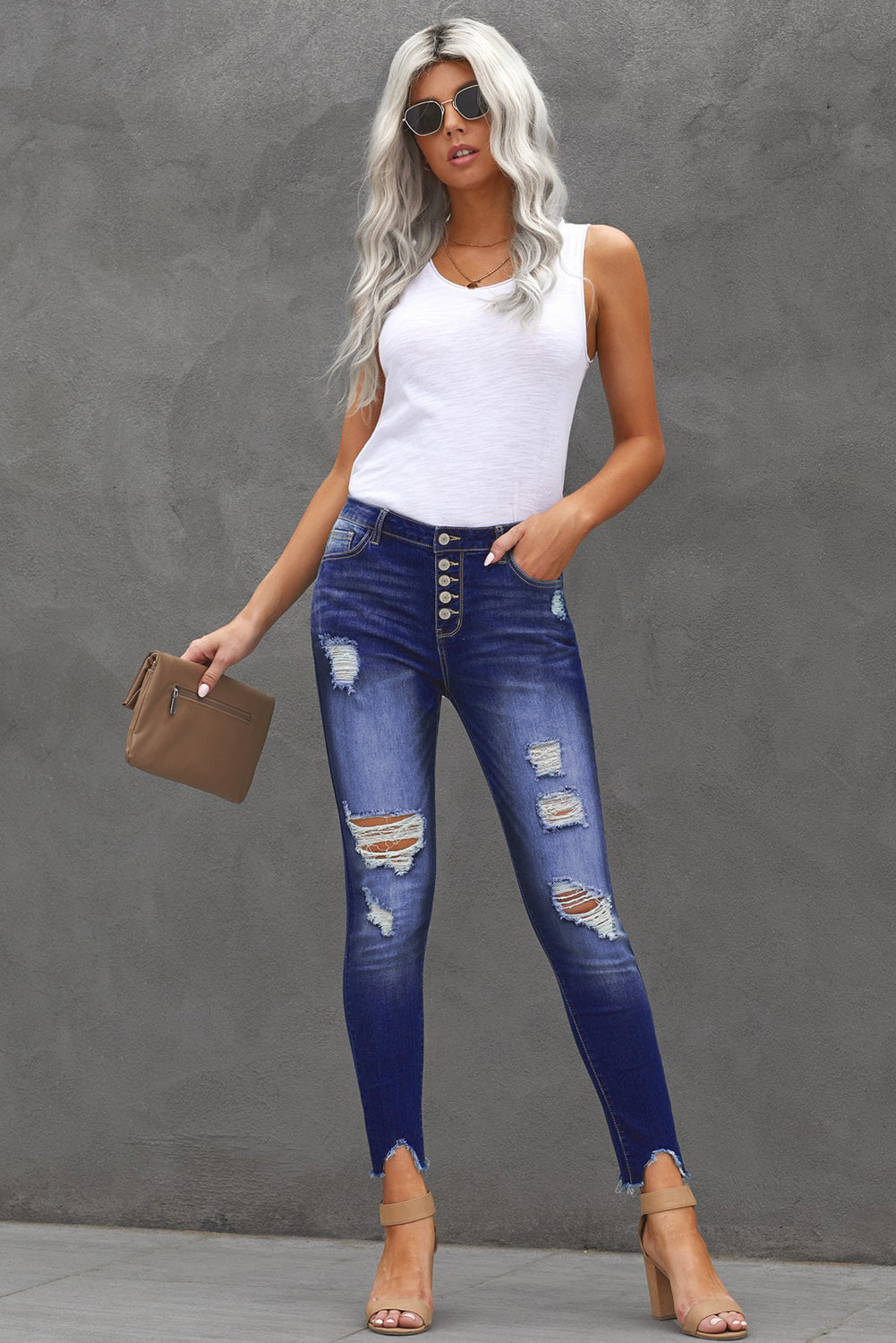 Button Front Frayed Ankle Skinny Jeans