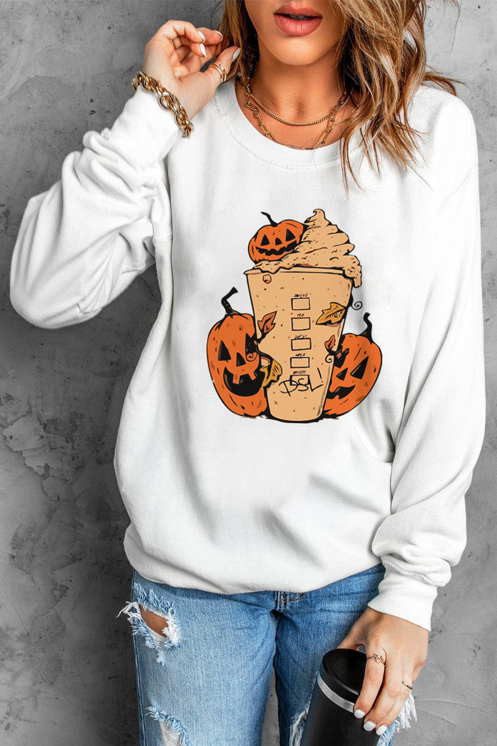 Halloween Pumpkin Graphic Round Neck Sweatshirt