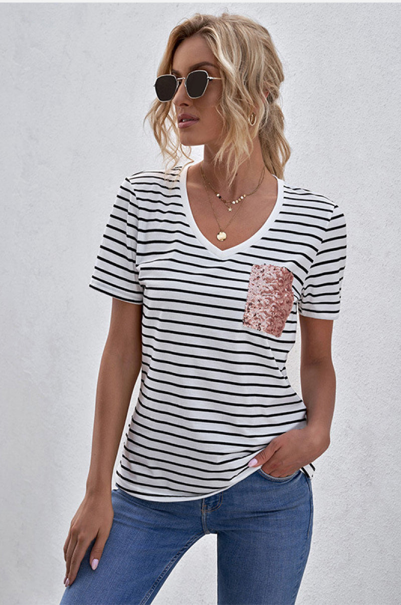 Sequin Pocket V-Neck Striped Tee