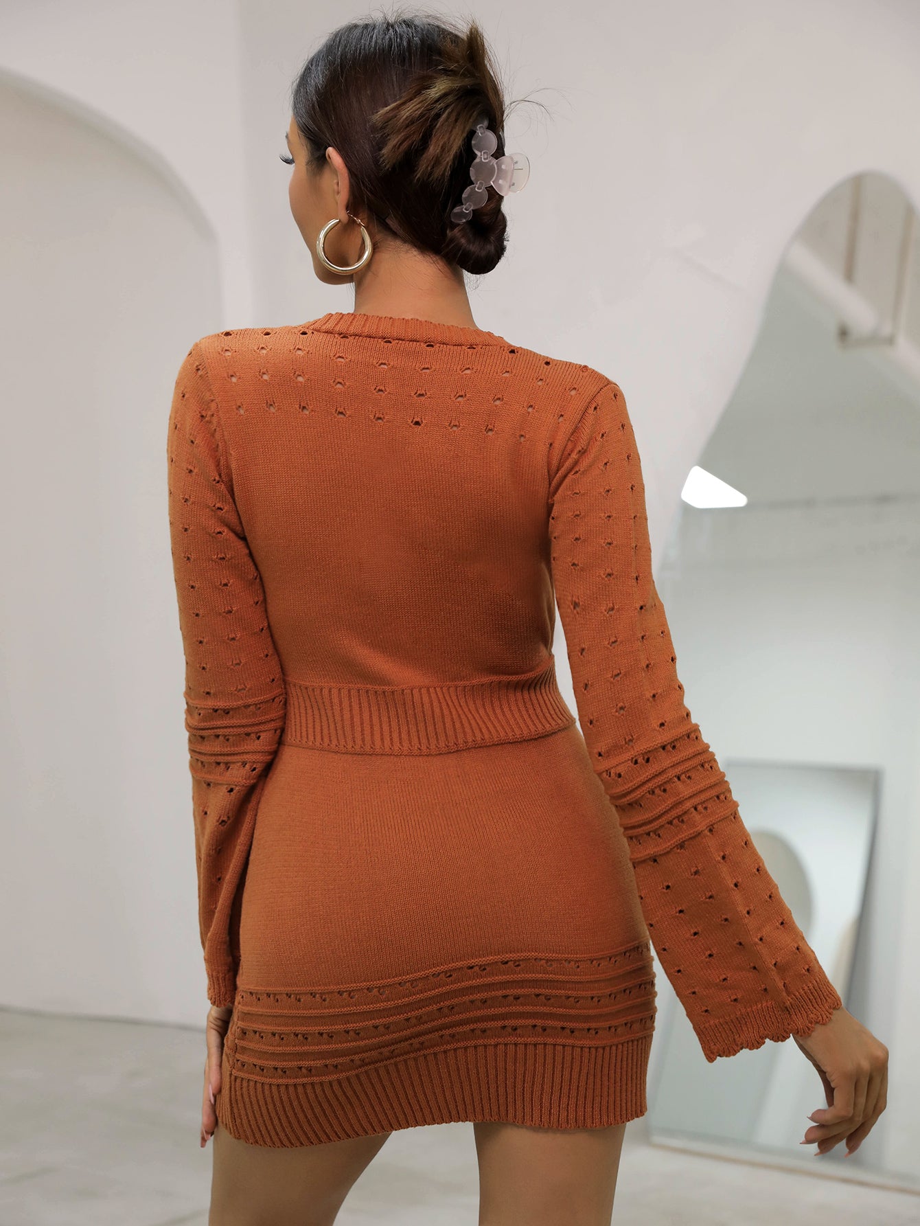 Openwork Ribbed Trim Surplice Sweater Dress