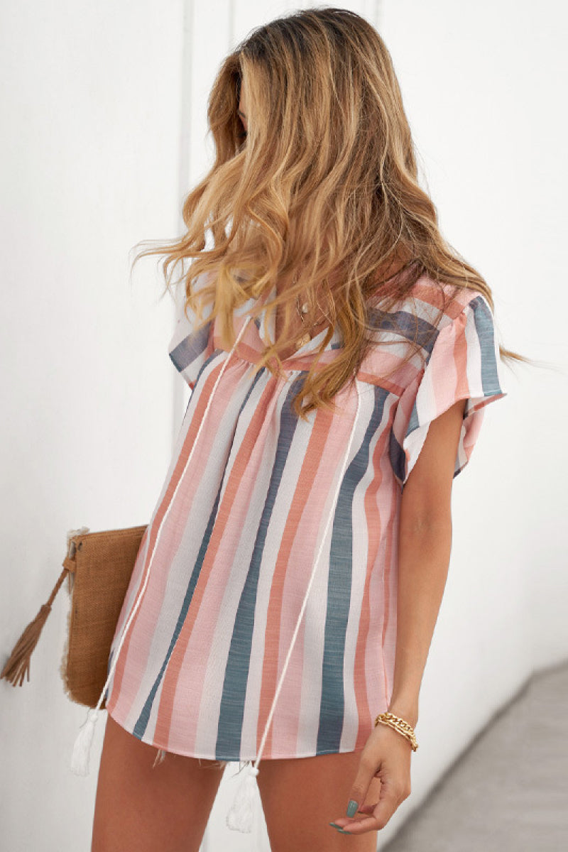 Striped Color Block Flounce Sleeve Top