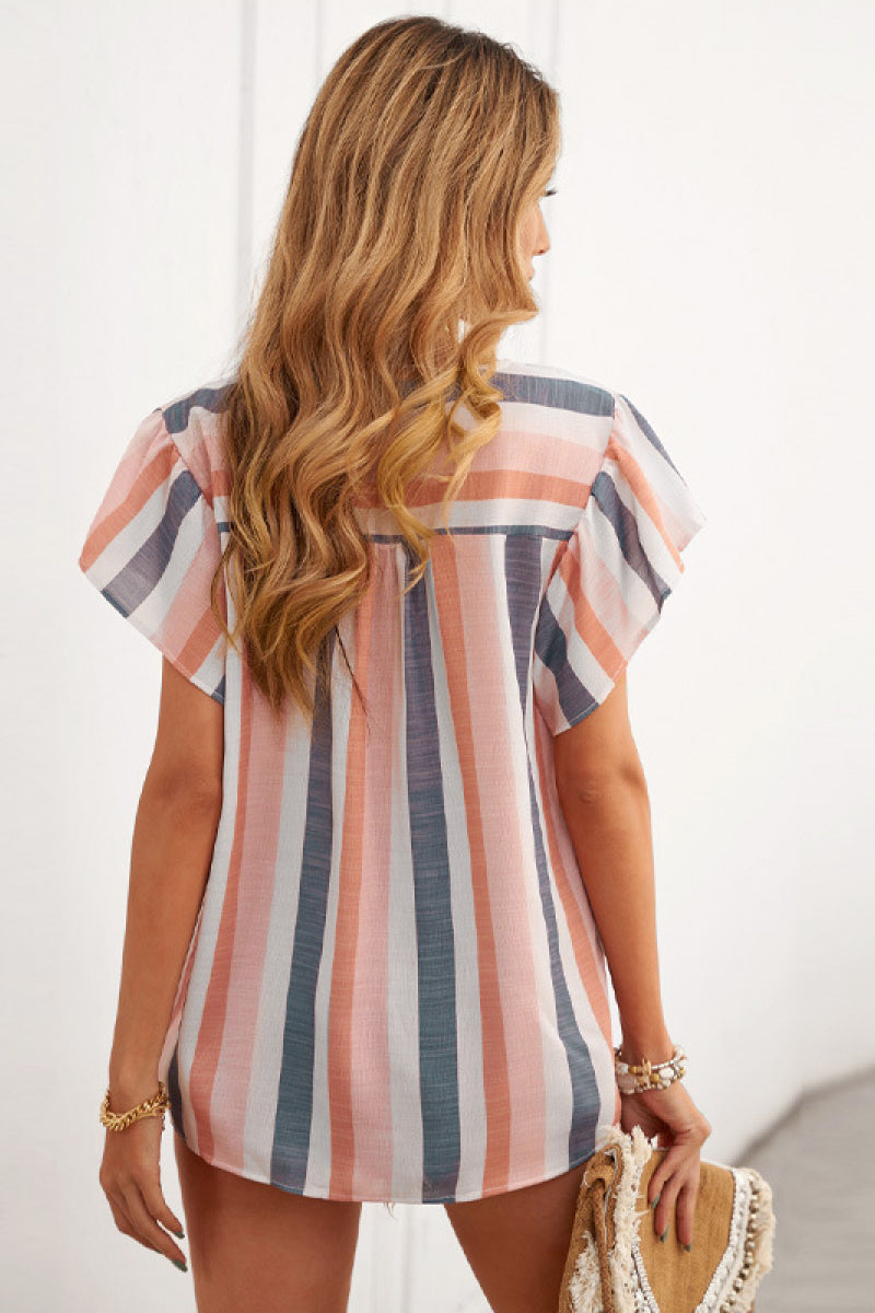 Striped Color Block Flounce Sleeve Top