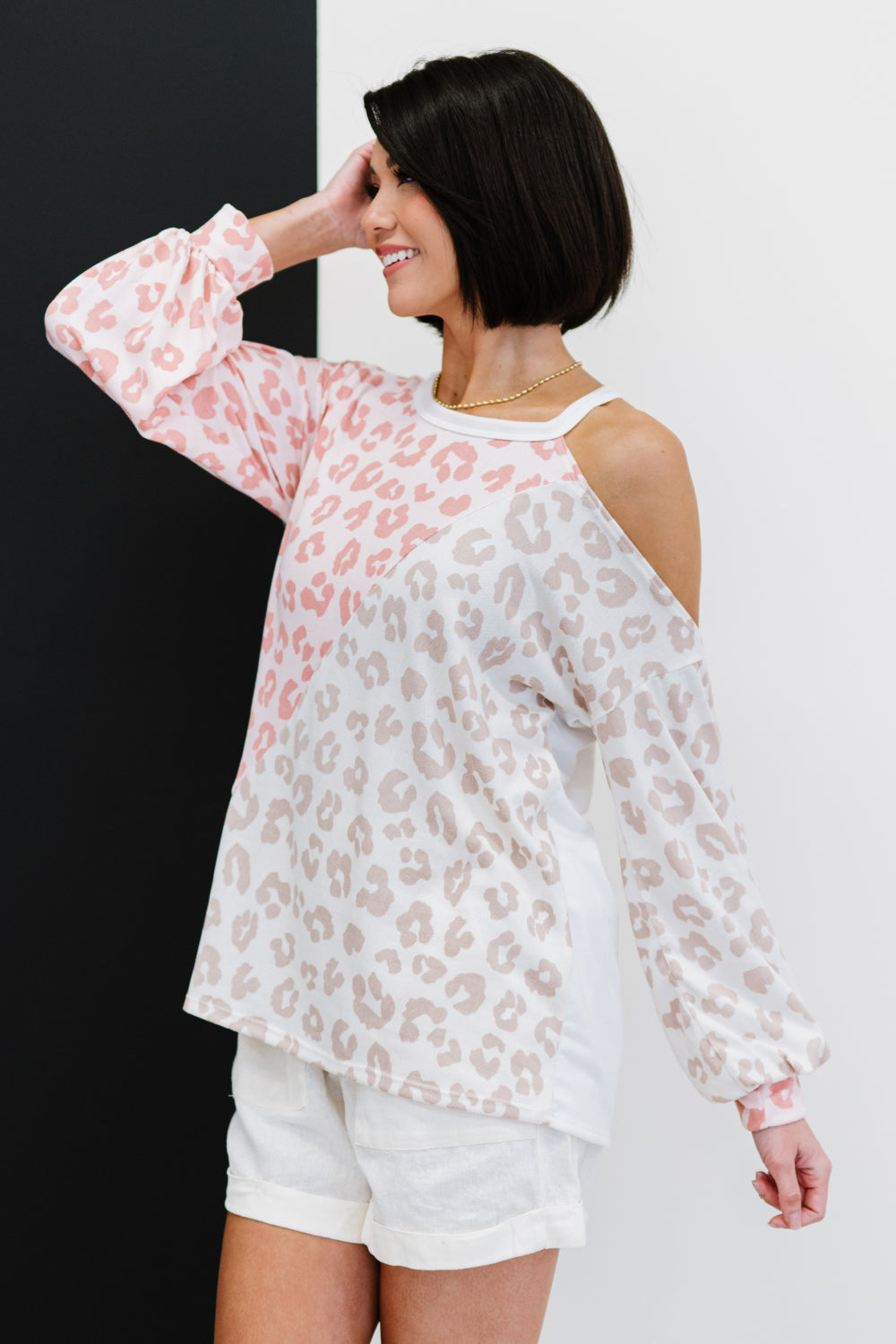 BiBi Just Wanna Have Fun Printed French Terry Top in Blush/Oatmeal