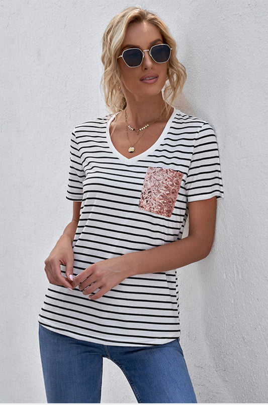 Sequin Pocket V-Neck Striped Tee